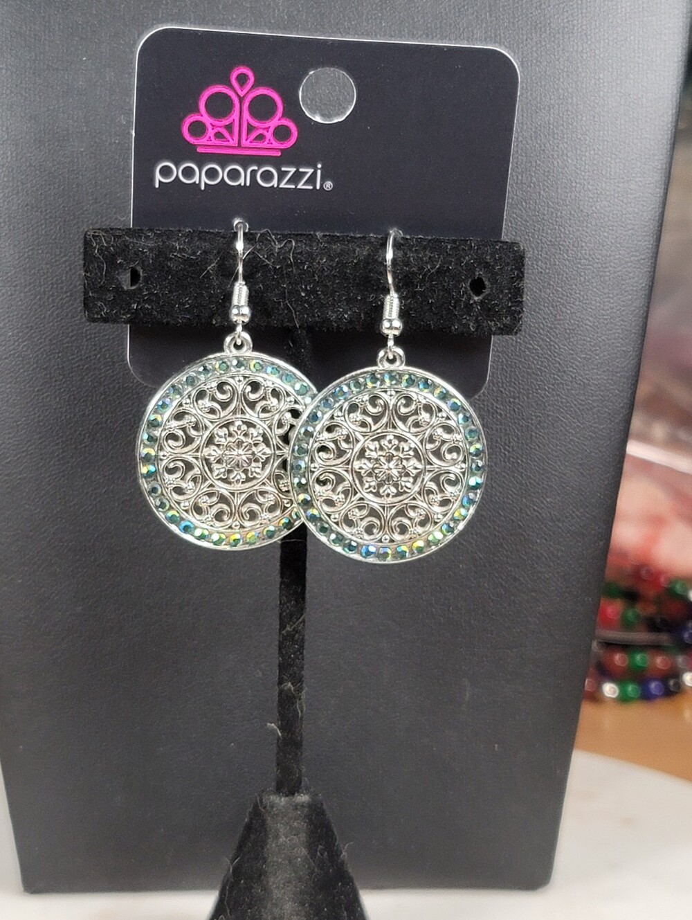 paparazzi Silver Filigree Earrings with Aqua-Green Iridescent Rhinestones